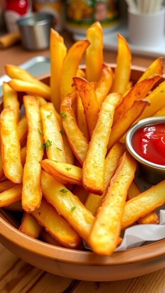 Crispy air fryer fries in a wooden bowl with ketchup on the side.